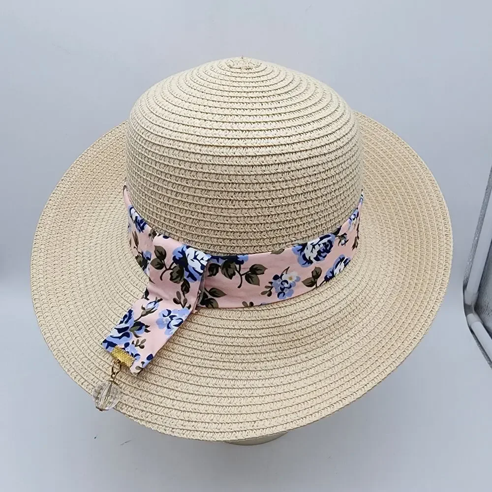 Marcus Adler Womens Straw Hat Short Brim Floral Tie Round Top Vacation Beach